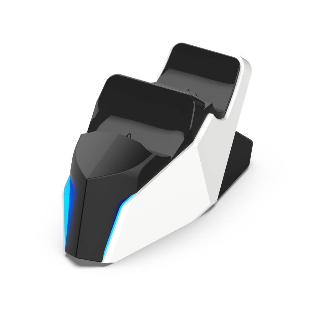 Biało-czarna stacja ładująca do konsoli do gier z niebieskimi światłami na białym tle.