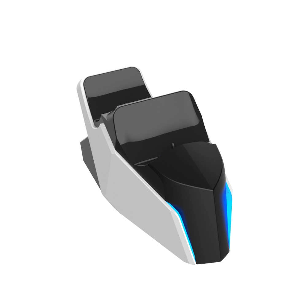 Biało-czarna stacja ładująca do kontrolerów do gier. Ma elegancki design z niebieskimi akcentami świetlnymi.