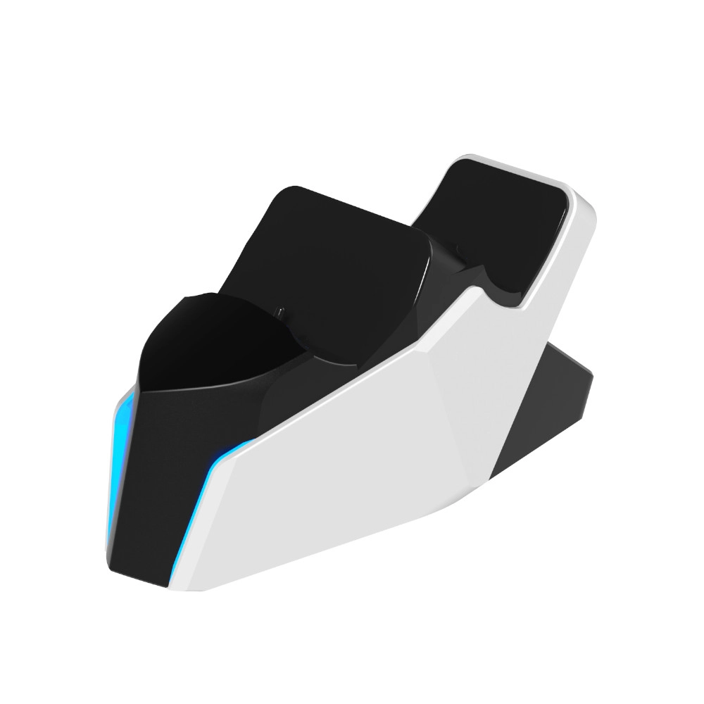 Biało-czarna stacja ładująca. Ma geometryczny design z niebieskimi akcentami świetlnymi. Stacja ma gniazda.