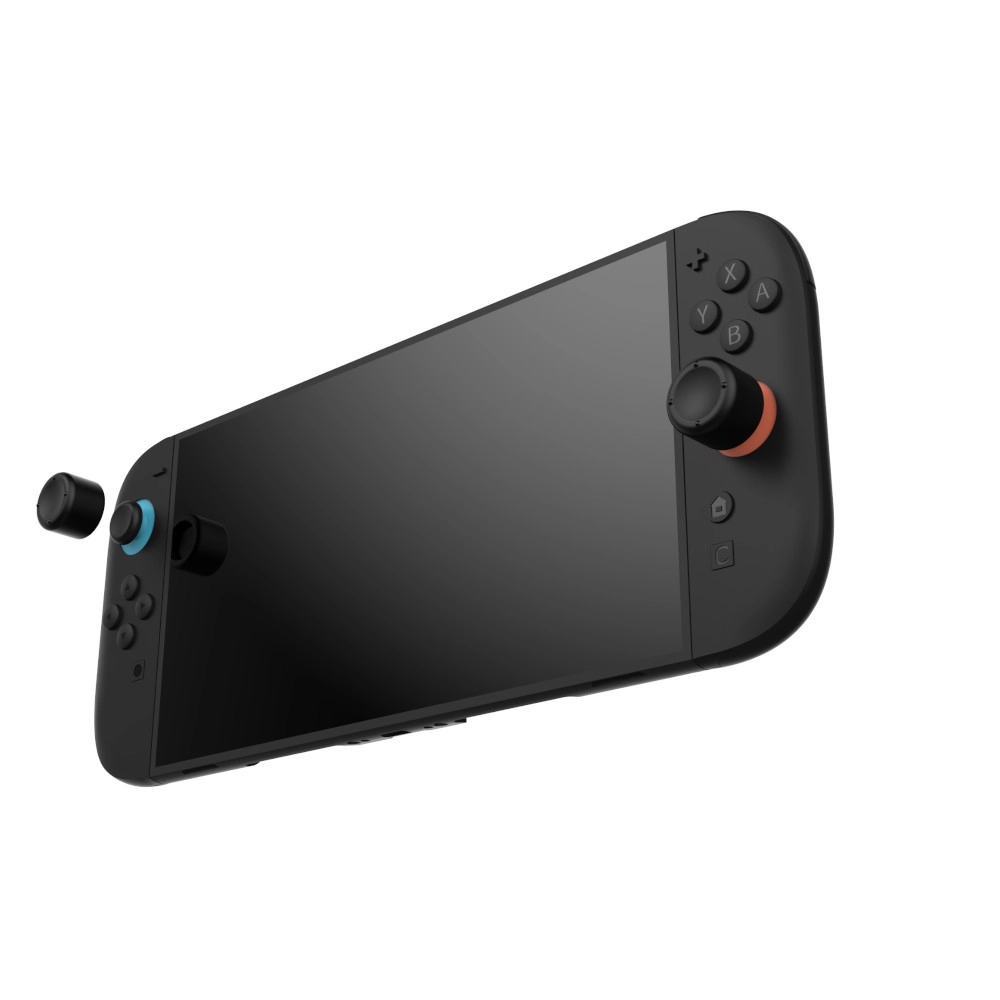Czarne urządzenie podobne do Nintendo Switch z odłączonymi joystickami. Ekran jest czarny. Przyciski są widoczne.