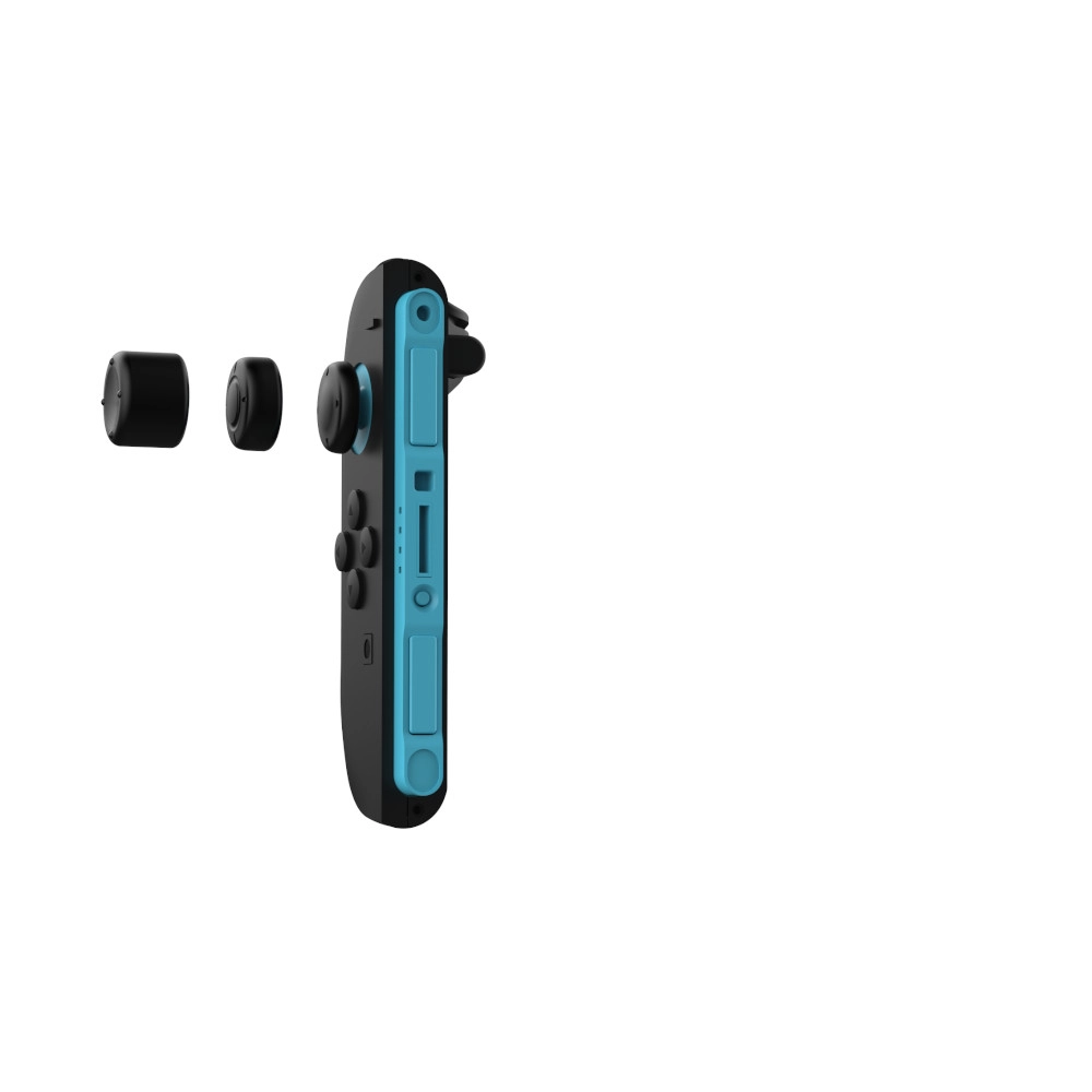 Czarny i niebieski kontroler do gier z dwoma czarnymi uchwytami na kciuki i odłączaną osłoną drążka. Kontroler jest na białym tle.