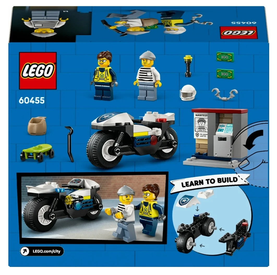 Pudełko zestawu Lego. Zawiera figurki Lego, motocykl policyjny, plakat poszukiwawczy i instrukcje.