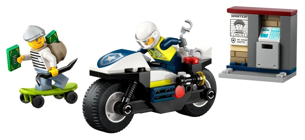 Zestaw Lego z złodziejem na deskorolce, policjantem na motocyklu i bankomatem.
