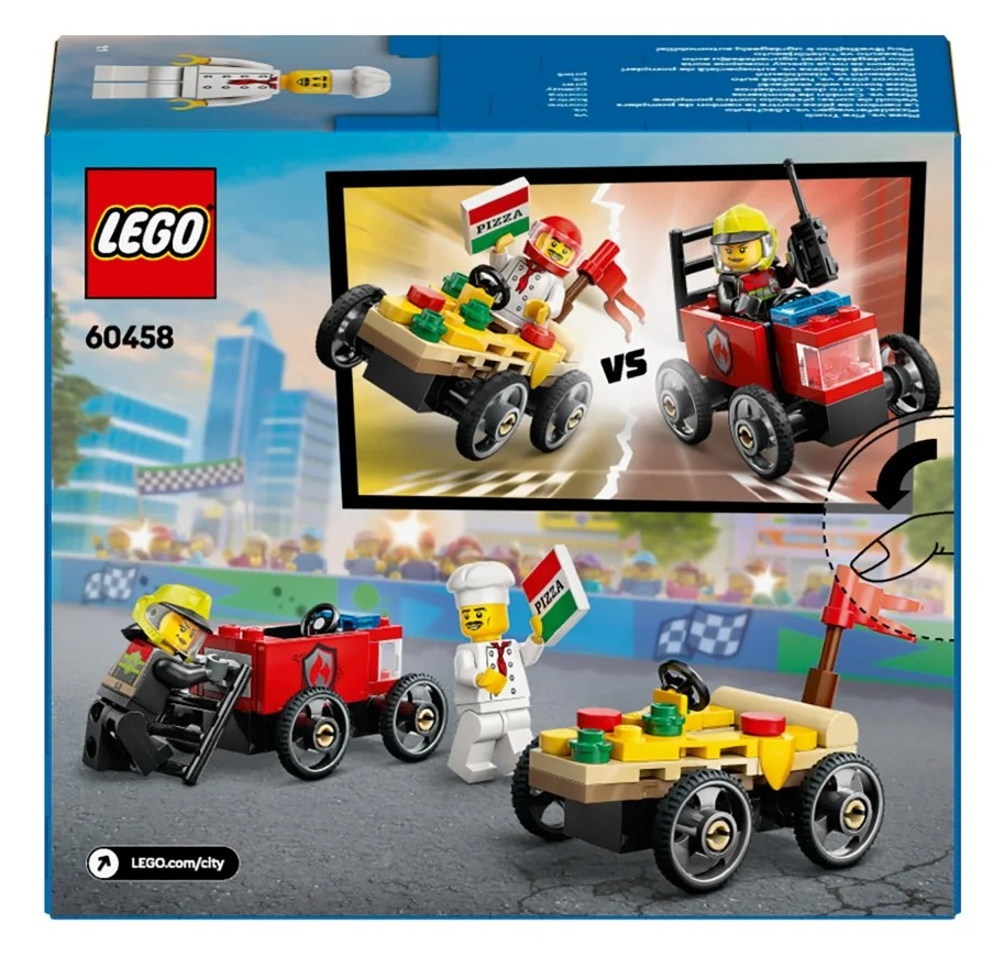 Zestaw Lego, wyścig samochodów z pizzą. Czerwone i żółte samochody z figurkami Lego. Szef kuchni z flagą pizzy, strażak i tor wyścigowy.