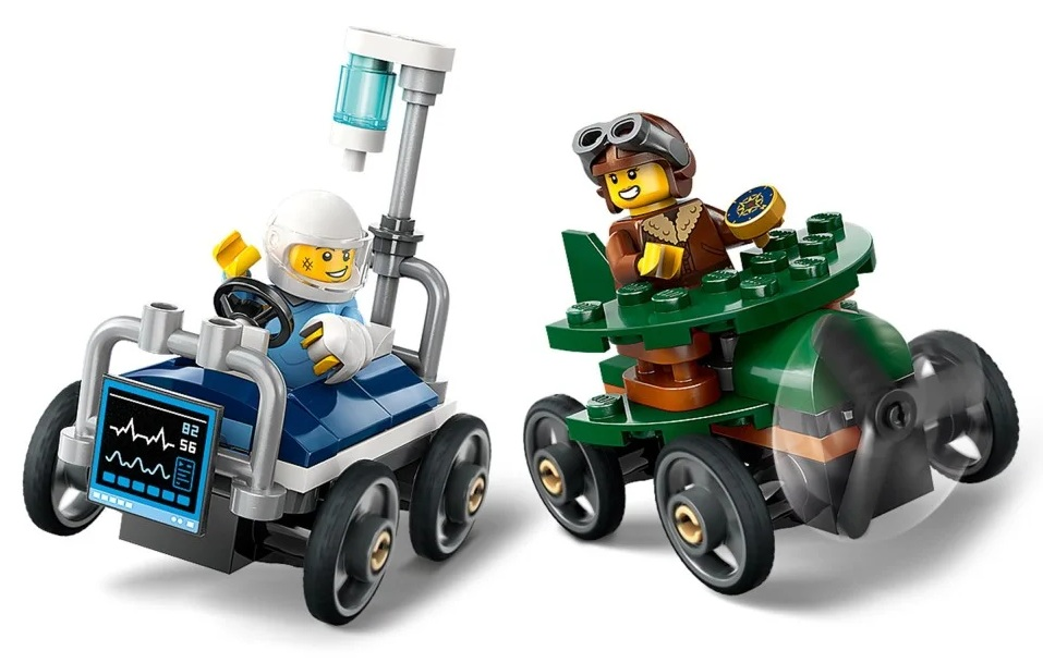 Dwa pojazdy Lego: wózek medyczny z kierowcą i zielony samochód przypominający samolot z pilotem. Oba mają koła.
