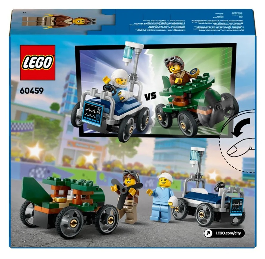 Zestaw pudełkowy LEGO. Zawiera dwa zabawki z minifigurkami wyścigowymi. Pudełko ma niebieskie tło i logo LEGO.