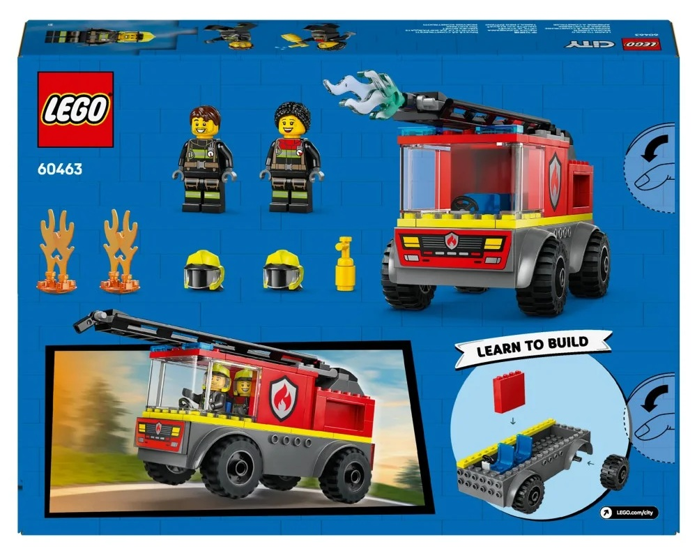 Zestaw LEGO City Fire Truck z minifigurkami, ogniem, hełmami i sekcją 'Nauka budowania' prezentującą kroki budowy.