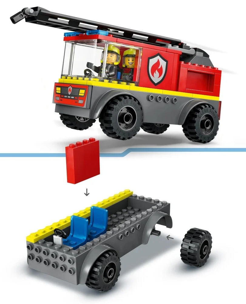 Zestaw Lego z wozem strażackim z dwoma strażakami w kabinie. Samochód jest czerwony i szary. Poniżej pokazano montaż podwozia.