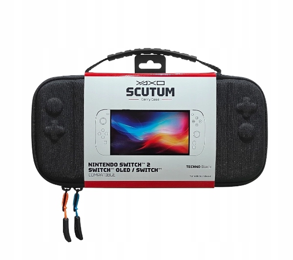 Czarny futerał do Nintendo Switch z marką 'Scutum'. Futerał ma uchwyt i zamek błyskawiczny. Konsola jest z przodu.