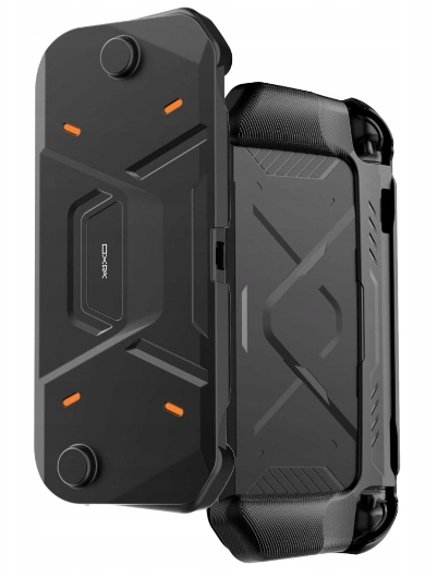 Czarny pokrowiec ochronny na urządzenie przenośne, otwarty. Posiada pomarańczowe akcenty, przyciski i teksturowany uchwyt. Urządzenie jest widoczne w środku.