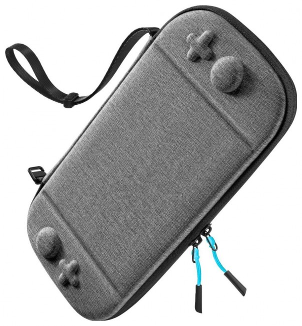 Szare etui na Nintendo Switch z czarnym zamkiem błyskawicznym, dwoma niebieskimi suwakami i czarnym uchwytem. Posiada przyciski przypominające kontroler.