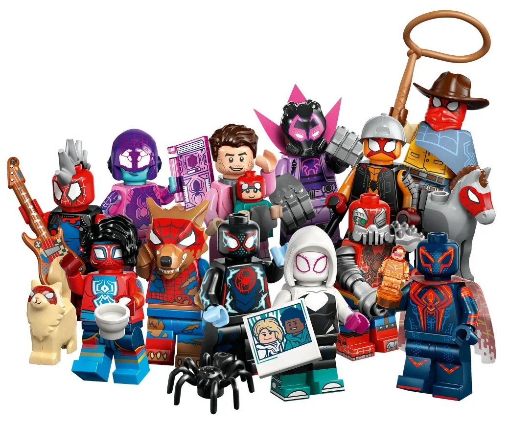 Kolekcja figurek Lego Spider-Man, w tym różne iteracje Spider-Mana, z akcesoriami takimi jak gitara i lasso.