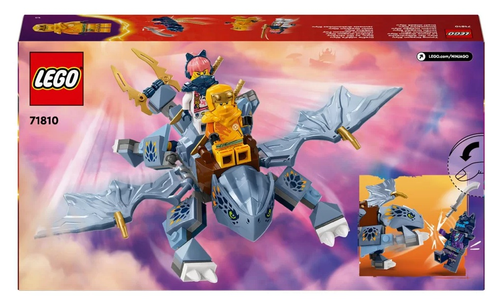 Pudełko zestawu Lego. Smok z dwiema minifigurkami, ninja i dziewczyną. Różowe i fioletowe tło nieba z logo Lego.