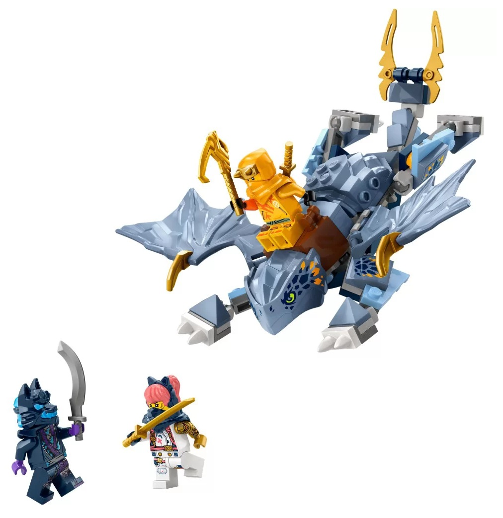 Zestaw Lego ze smokiem i trzema minifigurkami. Smok jest szary i niebieski, z minifigurką na nim. Inne postacie to ninja.