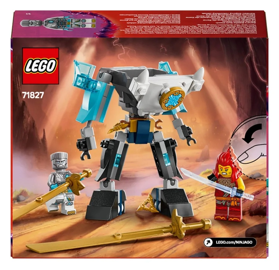 Zestaw Lego Ninjago z mechem, 2 minifigurkami i 2 mieczami. Mech jest szary, biały i niebieski, na pomarańczowym tle.