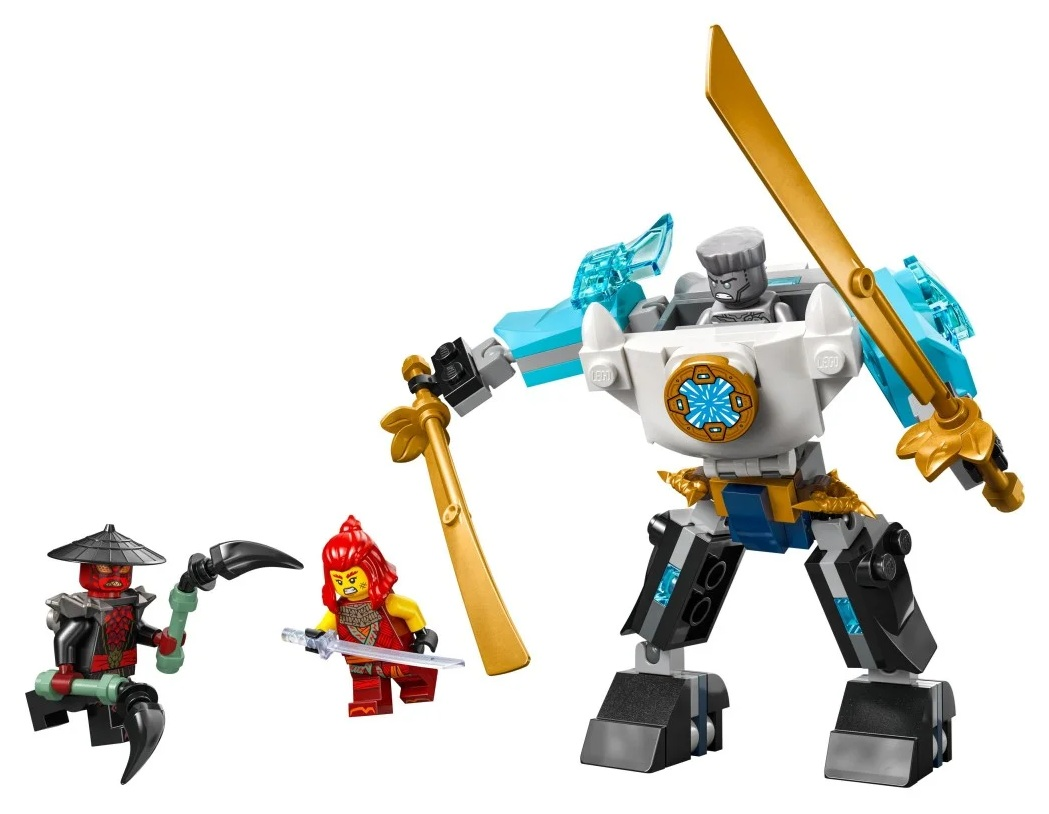 Zestaw Lego z białym i niebieskim mechem trzymającym złoty miecz i dwoma postaciami Lego walczącymi z bronią.
