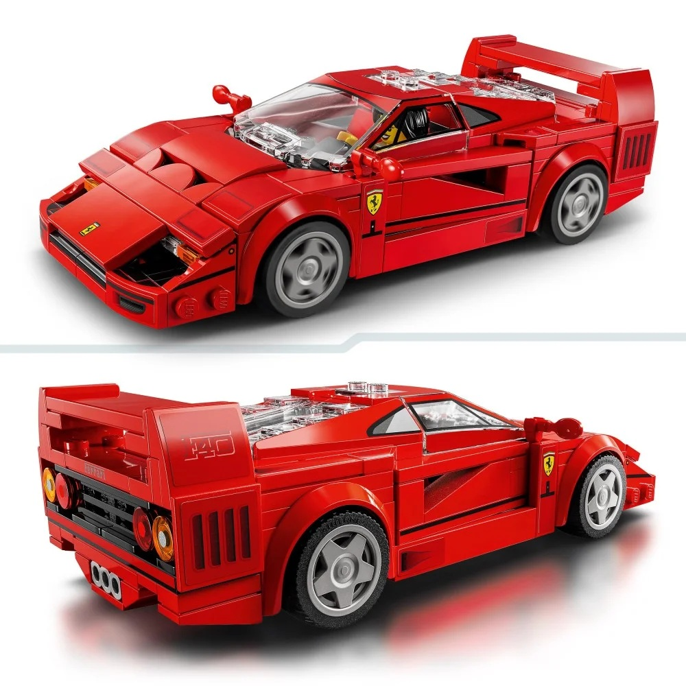 Wyświetlany jest czerwony model Lego Ferrari F40. Samochód stoi na białej powierzchni. Ma czarne koła i spojler.