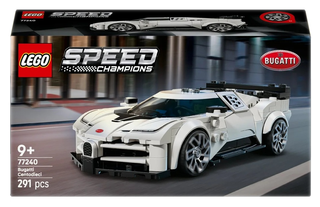 Zestaw Lego Speed Champions białego Bugatti Centodieci. Pudełko przedstawia samochód i logo Lego. Zestaw jest dla dzieci w wieku 9+.