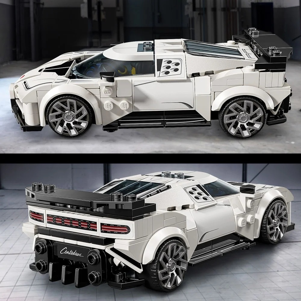 Biały samochód sportowy Lego z czarnymi akcentami, szarymi kołami i dużym tylnym spoilerem.