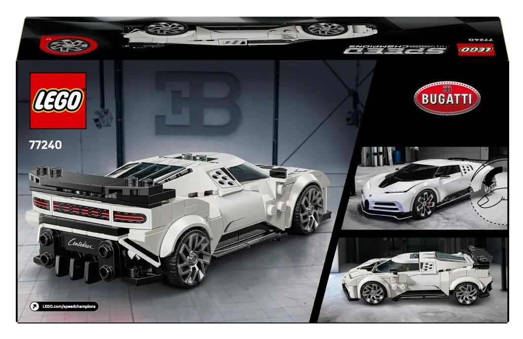 Pudełko zestawu LEGO Bugatti Centodieci. Wyświetlony biały model samochodu. Zawiera logo LEGO, logo Bugatti i inne obrazy samochodów.