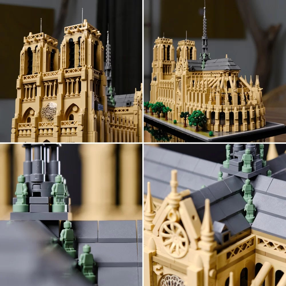 Model Lego katedry Notre Dame. Beżowe ściany, szary dach i zielone drzewa. Posiada szczegółową fasadę i wieże.