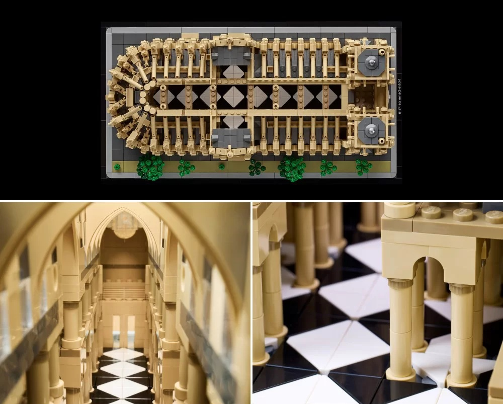 Model Lego kościoła, ze szczegółową konstrukcją. Ma beżowy wygląd zewnętrzny, czarno-białe podłogi w szachownicę i zielone krzewy.