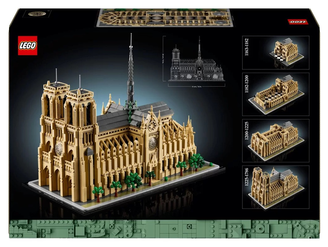 Pudełko zestawu Lego przedstawiające model katedry Notre Dame. Jest beżowe z wysoką iglicą, drzewami i ilustracjami modelu.