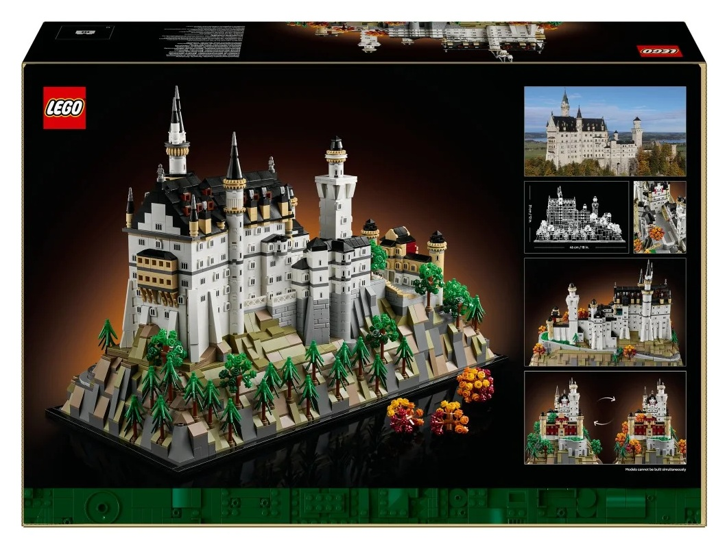 Pudełko zestawu LEGO z szczegółowym modelem zamku Neuschwanstein na skalistej podstawie, otoczone drzewami i liśćmi.
