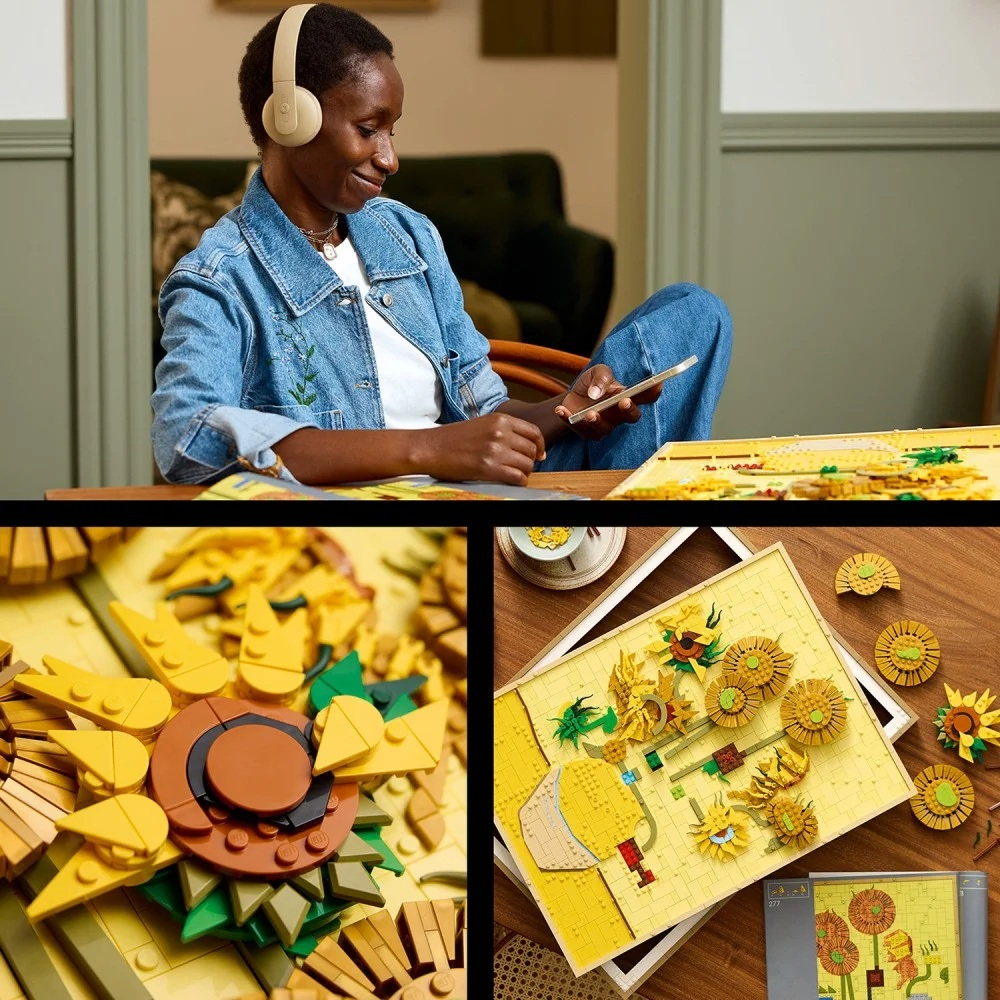 Kobieta ze słuchawkami i telefonem patrzy na zestaw Lego ze słonecznikami na stole. Zestaw jest częściowo zbudowany. Pokazano zbliżenia zestawu.