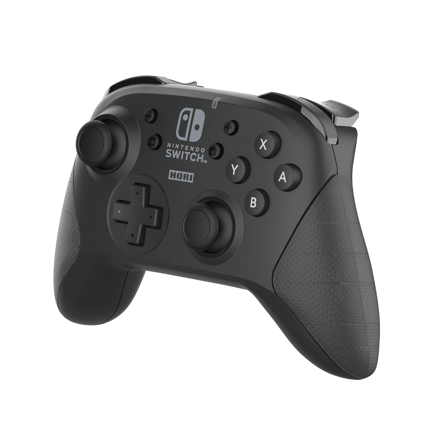 Siyah bir Nintendo Switch Pro Kontrol Cihazı. X, Y, A, B düğmeleri ve bir yön tuşu vardır. Hori markası görünür.