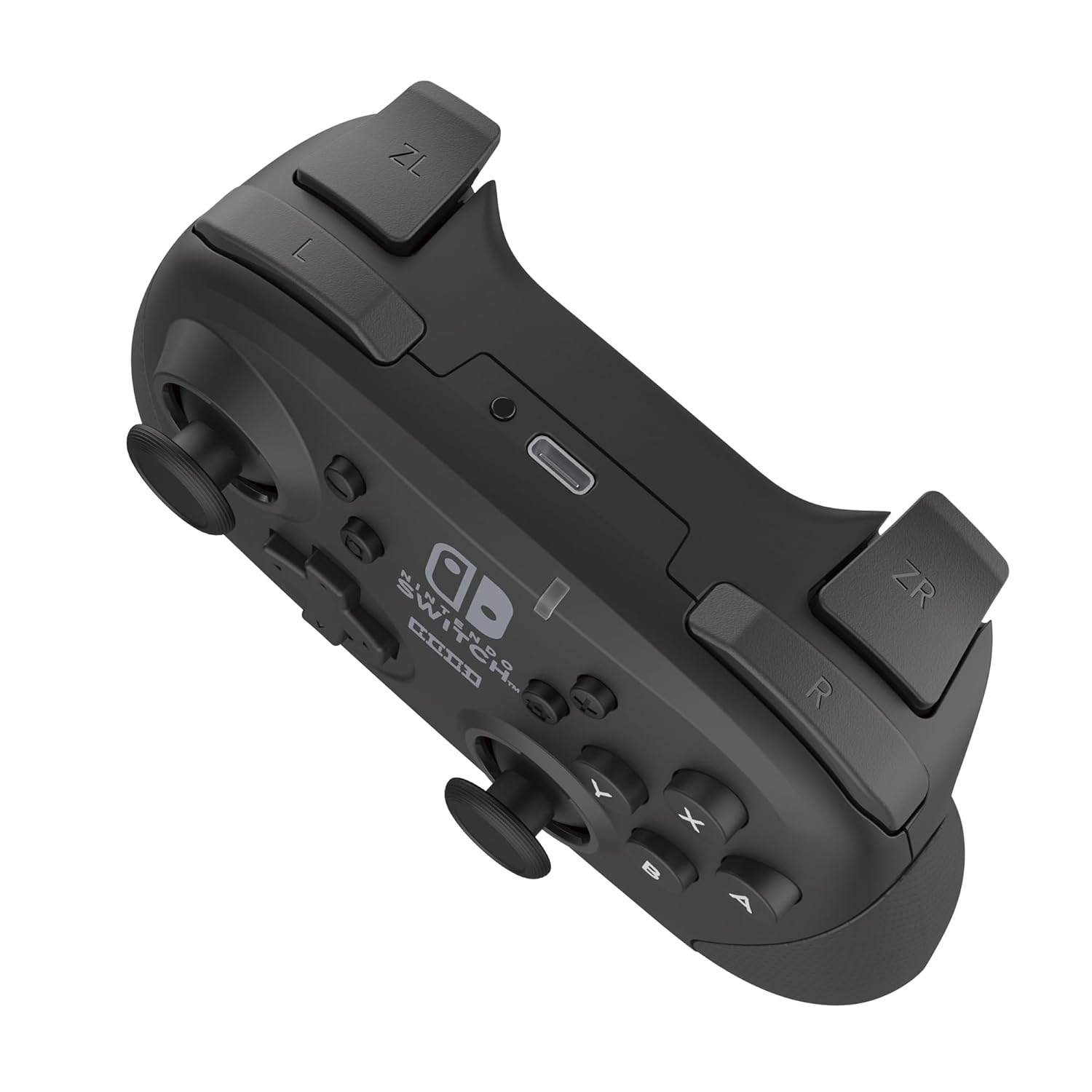Siyah Nintendo Switch kontrolcüsü. Düğmeler, joystickler ve omuz düğmeleri, bir Nintendo Switch logosu içerir.