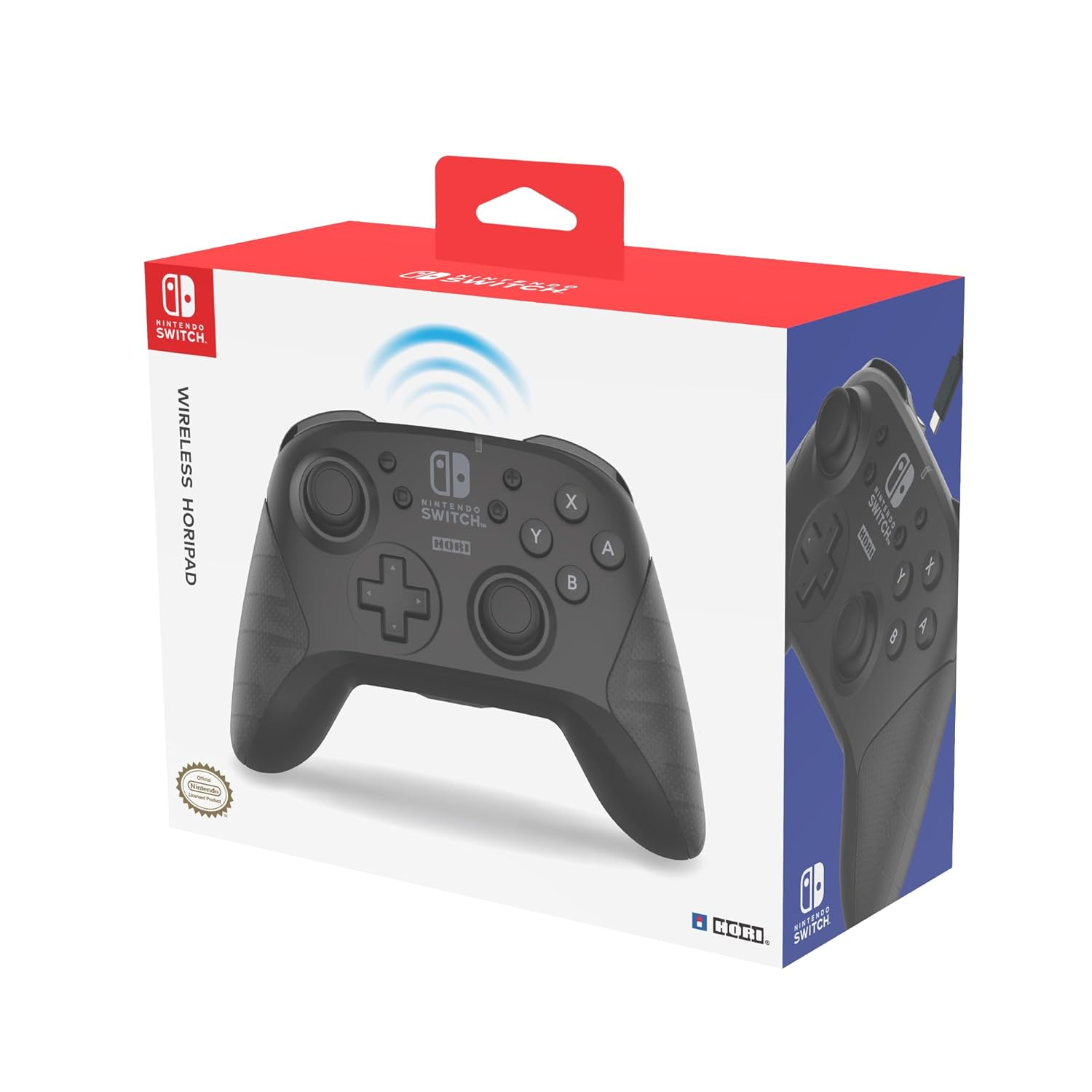 Bir kutuda Nintendo Switch Kablosuz HORIPAD kontrolcüsü. Kutu, kontrolcünün bir resmi ile kırmızı ve beyazdır.