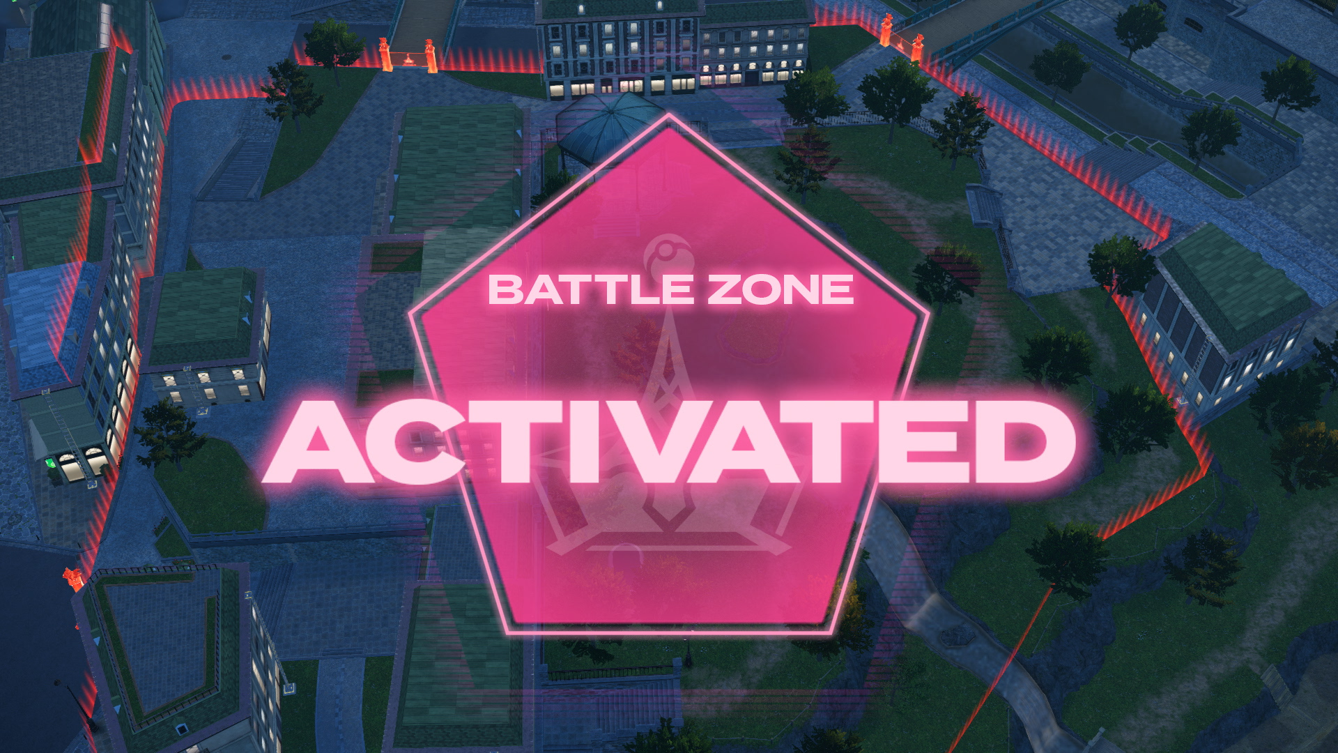 Pembe savaş bölgesi kaplaması olan bir şehrin yukarıdan görünümü. Metin 'Battle Zone Activated' diyor.
