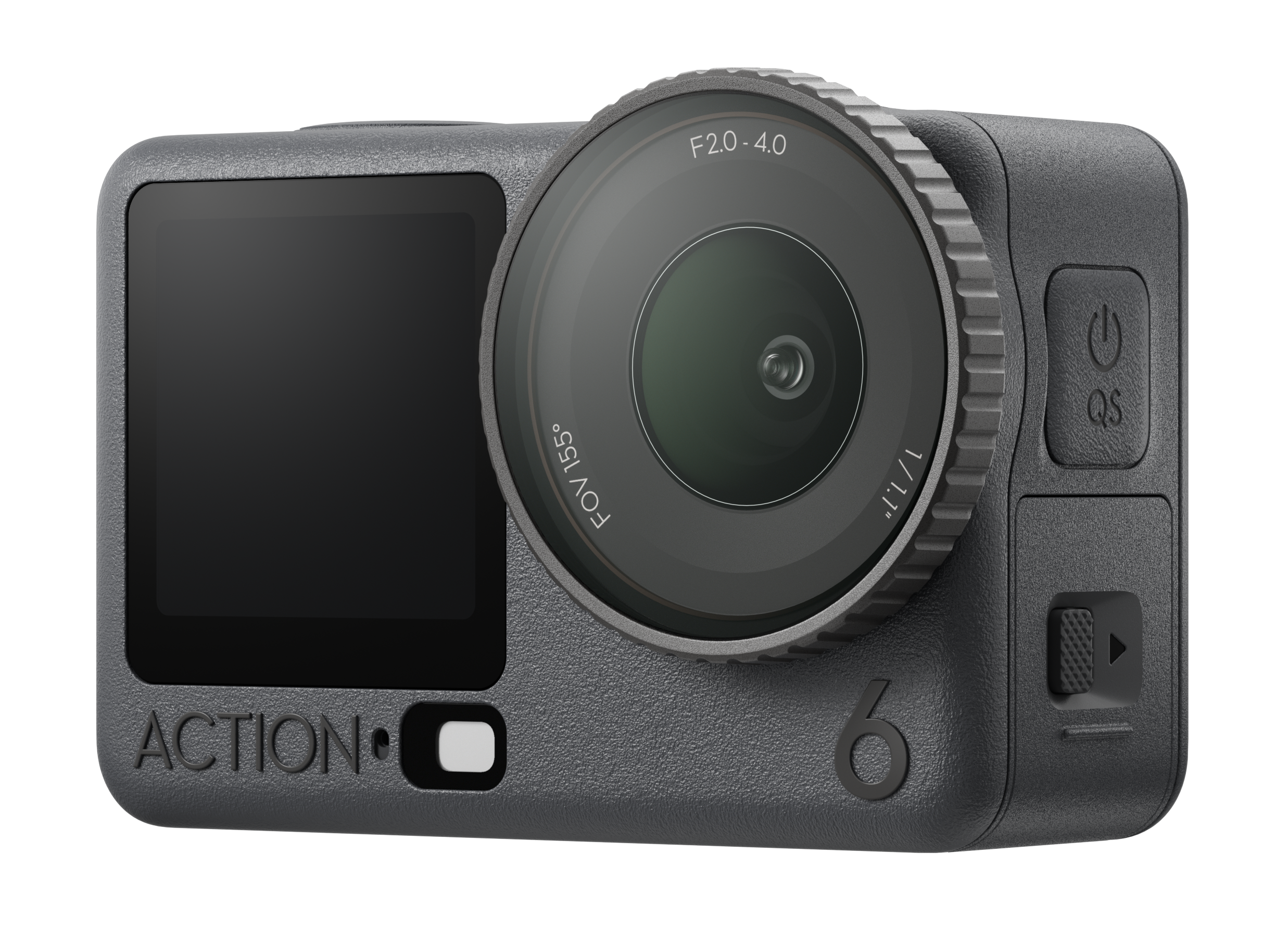 Szara kamera sportowa z obiektywem, ekranem i przyciskami. Widnieje na niej napis ACTION.