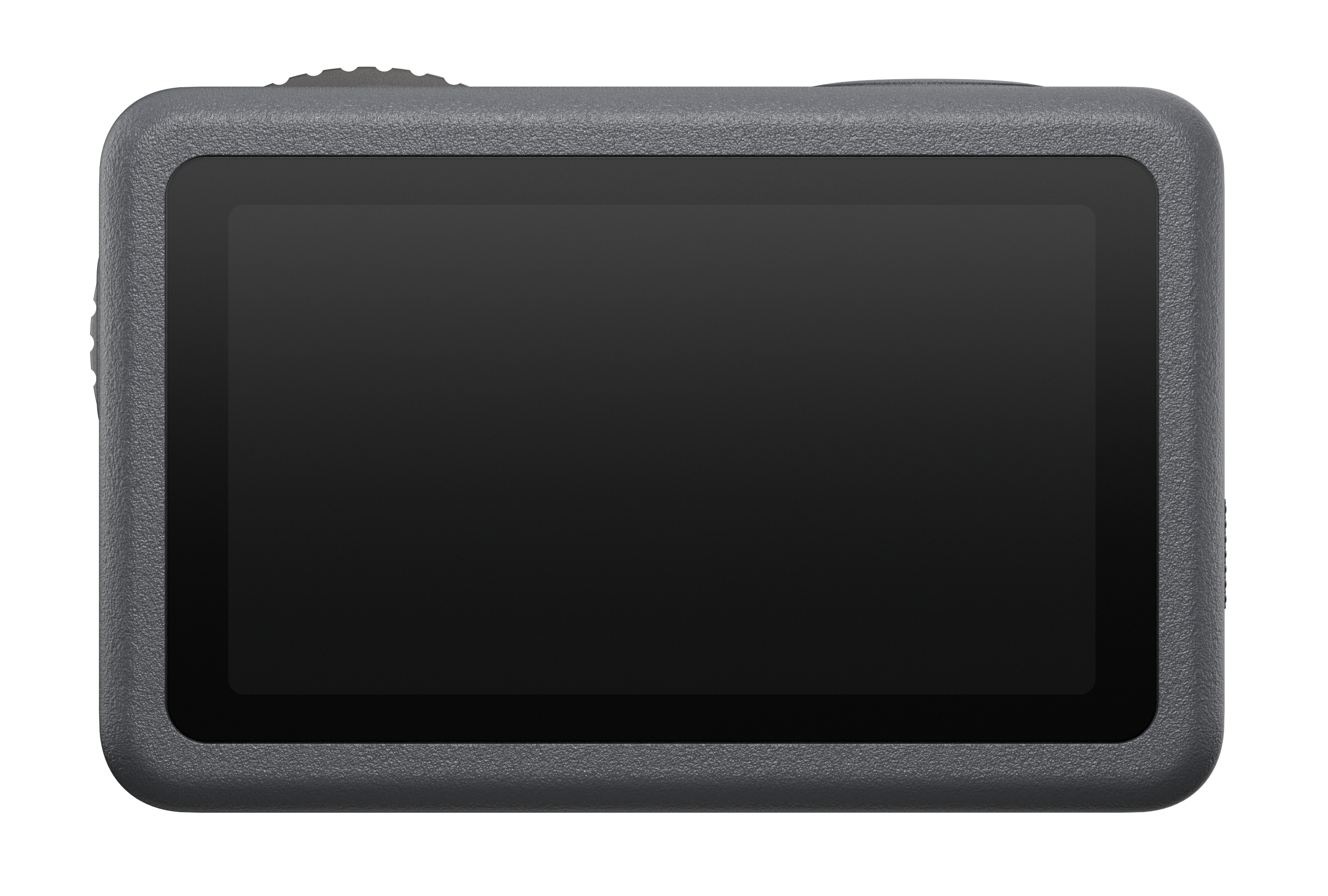 Zbliżenie ciemnoszarej kamery sportowej z czarnym ekranem na czarnym tle.