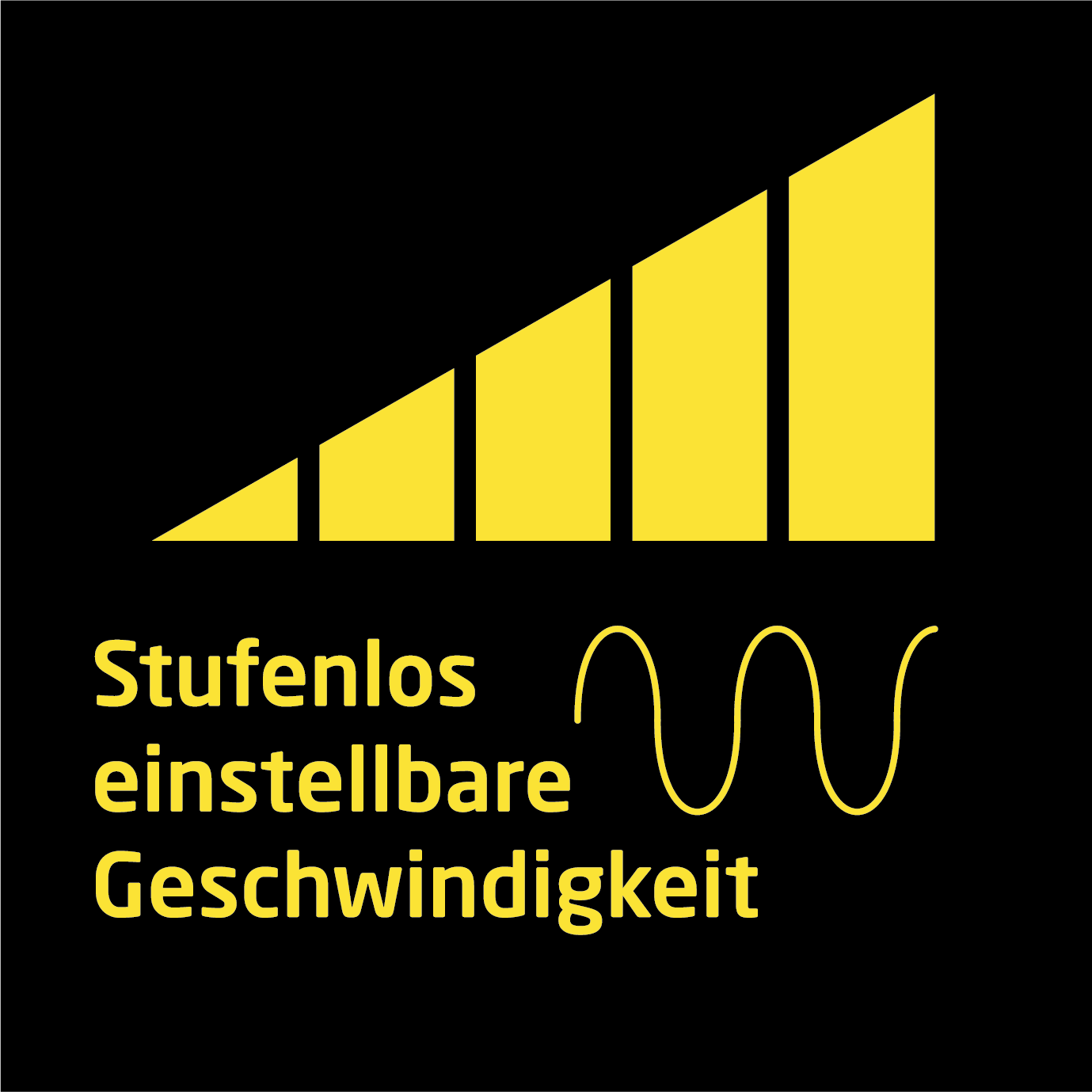 Gelbe Balken werden größer. Darunter steht 'Stufenlos einstellbare Geschwindigkeit' mit einer Wellenlinie, alles gelb.