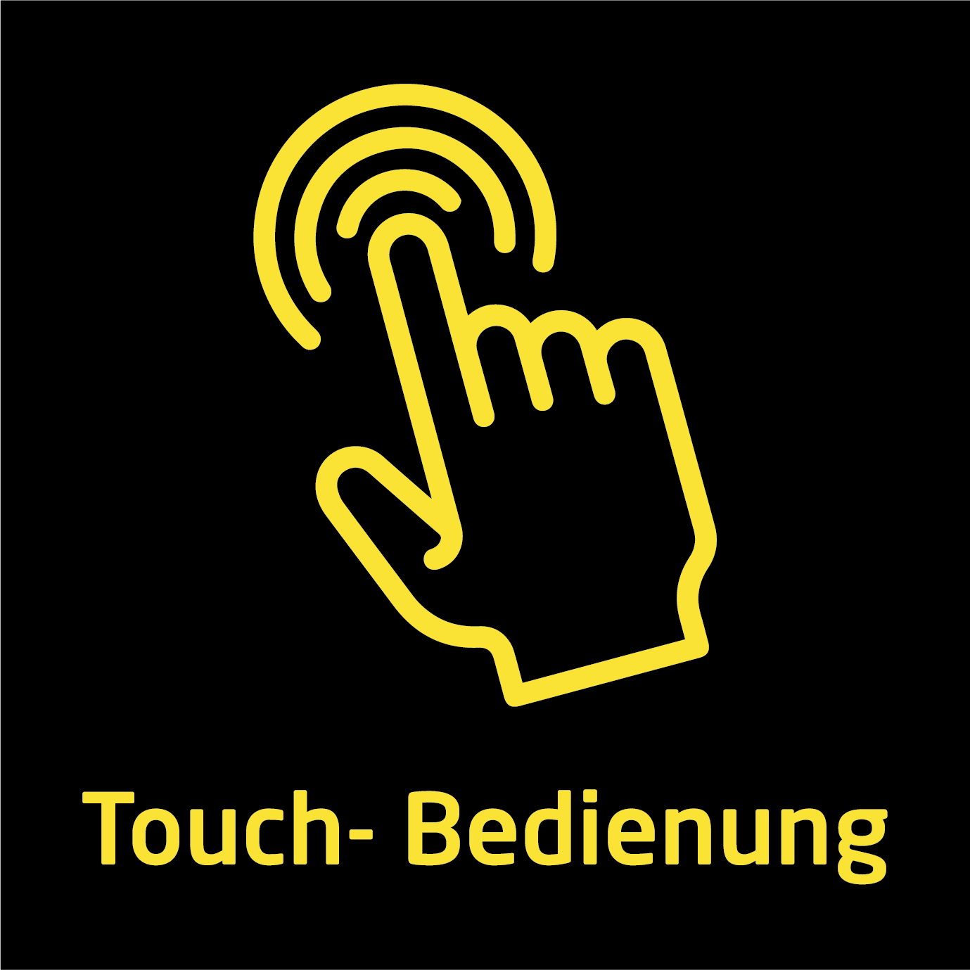 Gelbes Hand-Symbol, das den Bildschirm berührt, mit gebogenen Linien darüber. Darunter steht 'Touch-Bedienung' in Gelb auf schwarzem Grund.