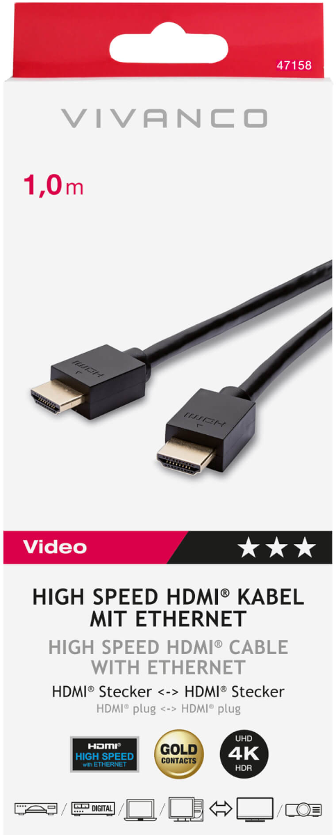 Das Bild zeigt ein schwarzes HDMI-Kabel mit Steckern. Text enthält 'VIVANCO', 'HIGH SPEED HDMI' und '4K HDR'.
