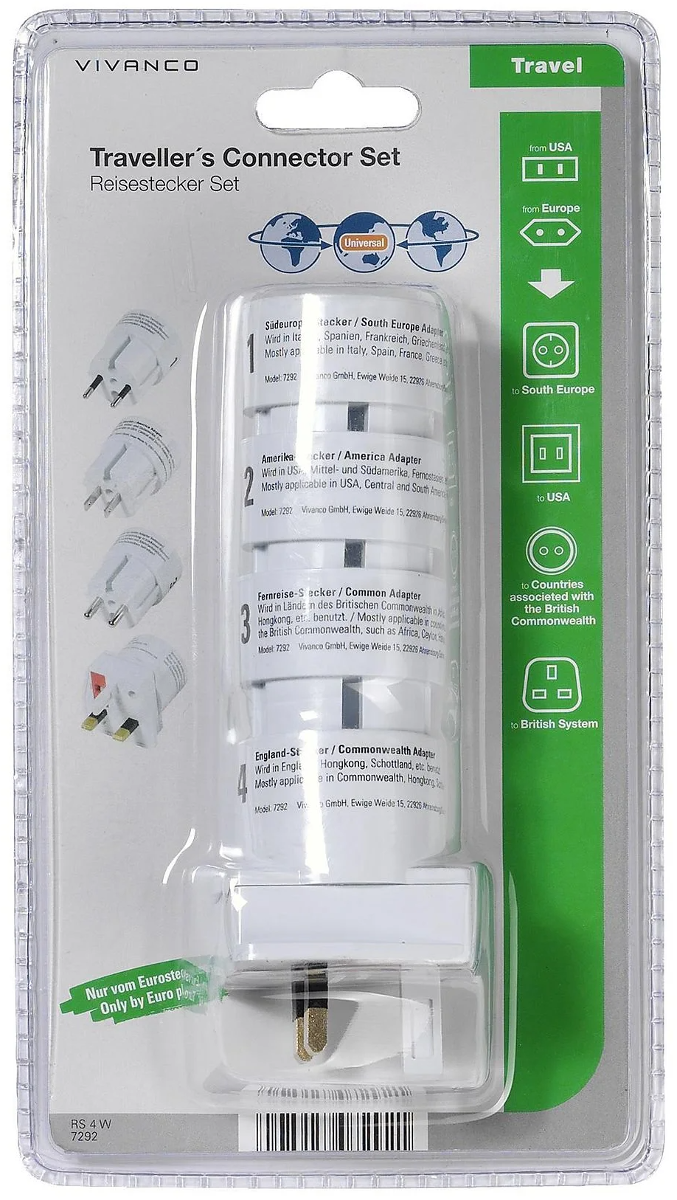Reiseadapter-Set in durchsichtiger Kunststoffverpackung. Enthält mehrere Adapter für verschiedene Regionen. Markenname ist Vivanco.