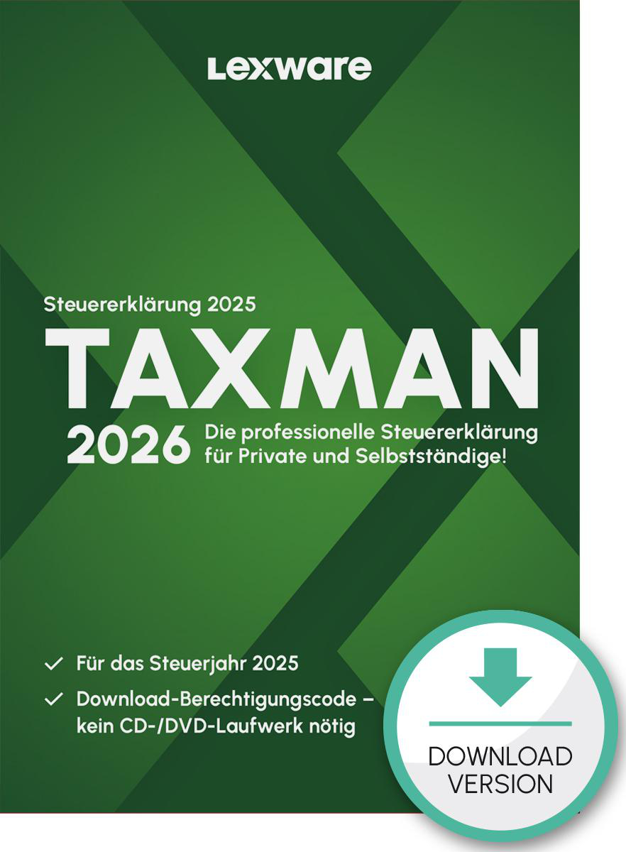 Grüne Werbung für Taxman 2026. Enthält Text über Steuererklärungen, Download-Version und eine grüne Download-Schaltfläche.