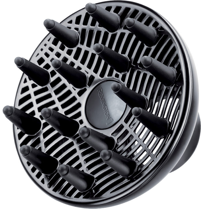 Schwarzer Remington Haartrockner-Diffusor. Verfügt über mehrere konische Erweiterungen, die kreisförmig angeordnet sind, mit einem zentralen Knopf.