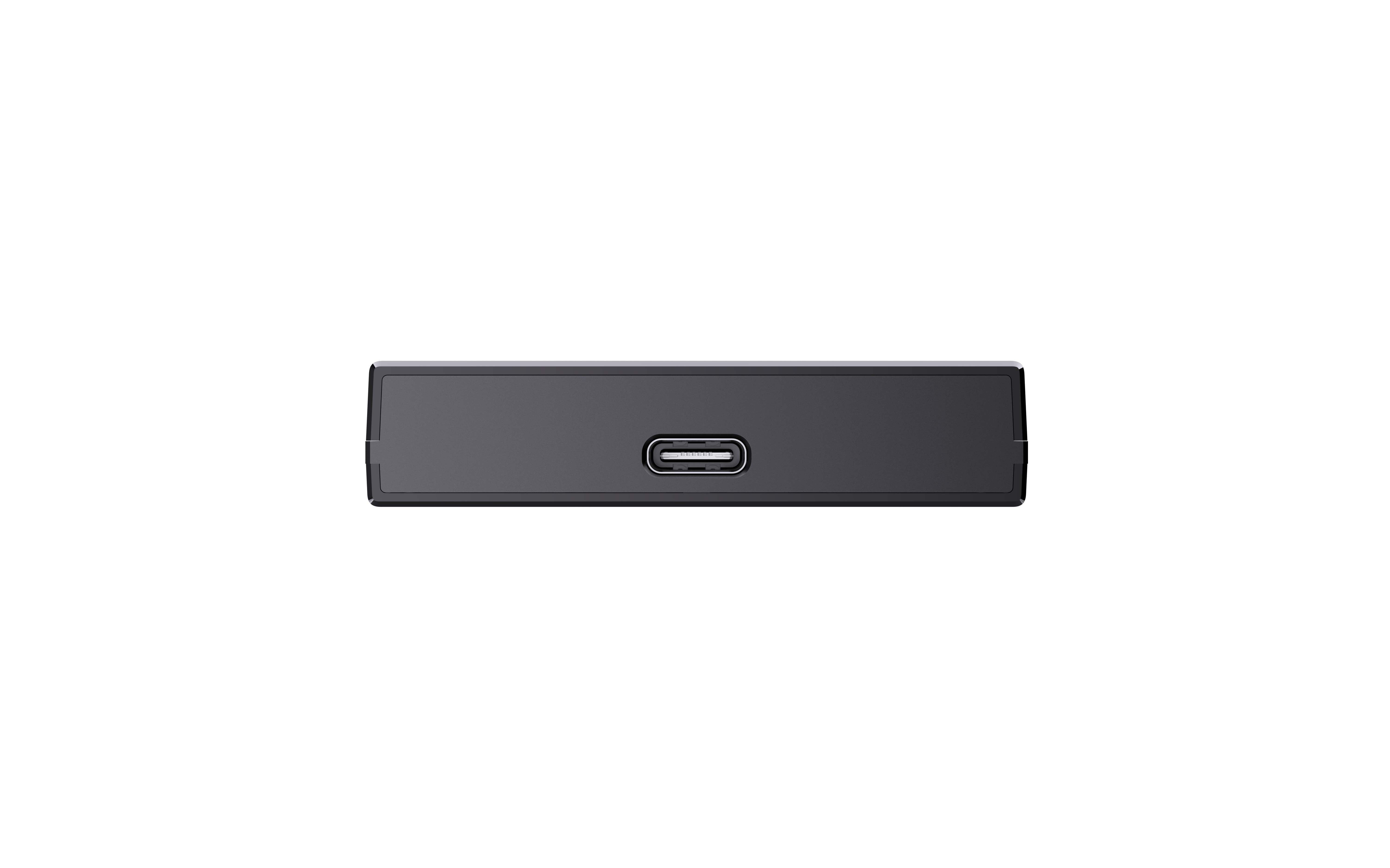 Beyaz zemin üzerinde USB-C portlu siyah dikdörtgen bir cihaz.