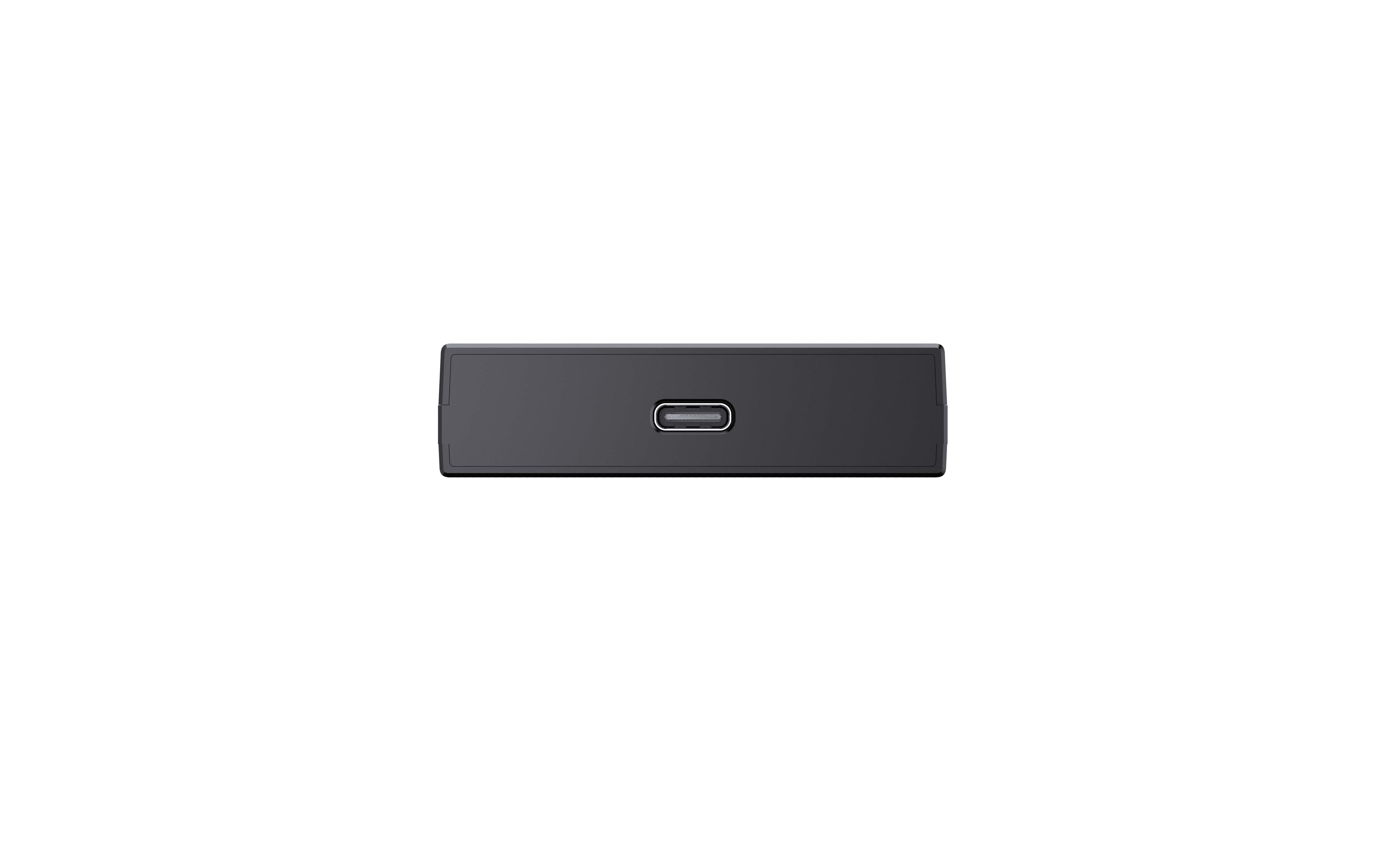 Beyaz zemin üzerinde ortalanmış, USB-C portlu siyah dikdörtgen bir cihaz.