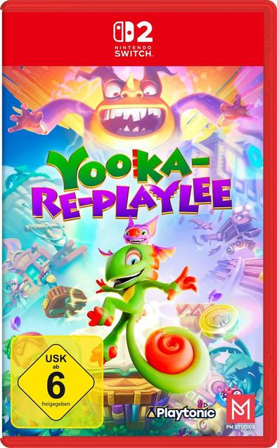 Spielcover für 'Yooka-Replaylee'. Ein grünes Echsencharakter springt. Der Hintergrund zeigt andere Charaktere und Strukturen.