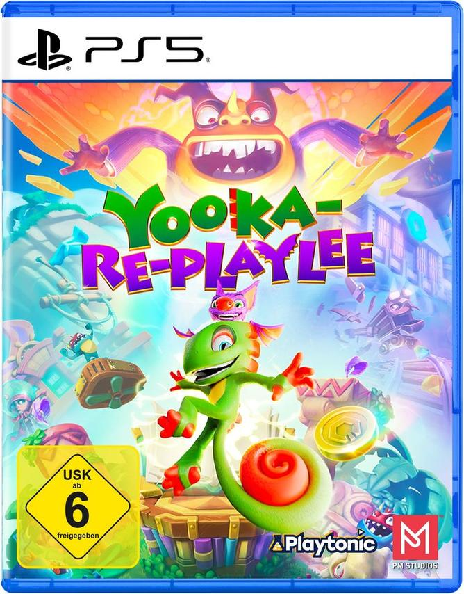 PS5-Spielcover: Yooka-Replaylee. Ein grünes Chamäleon und eine lila Fledermaus. Bunter Hintergrund mit Charakteren und Logos.
