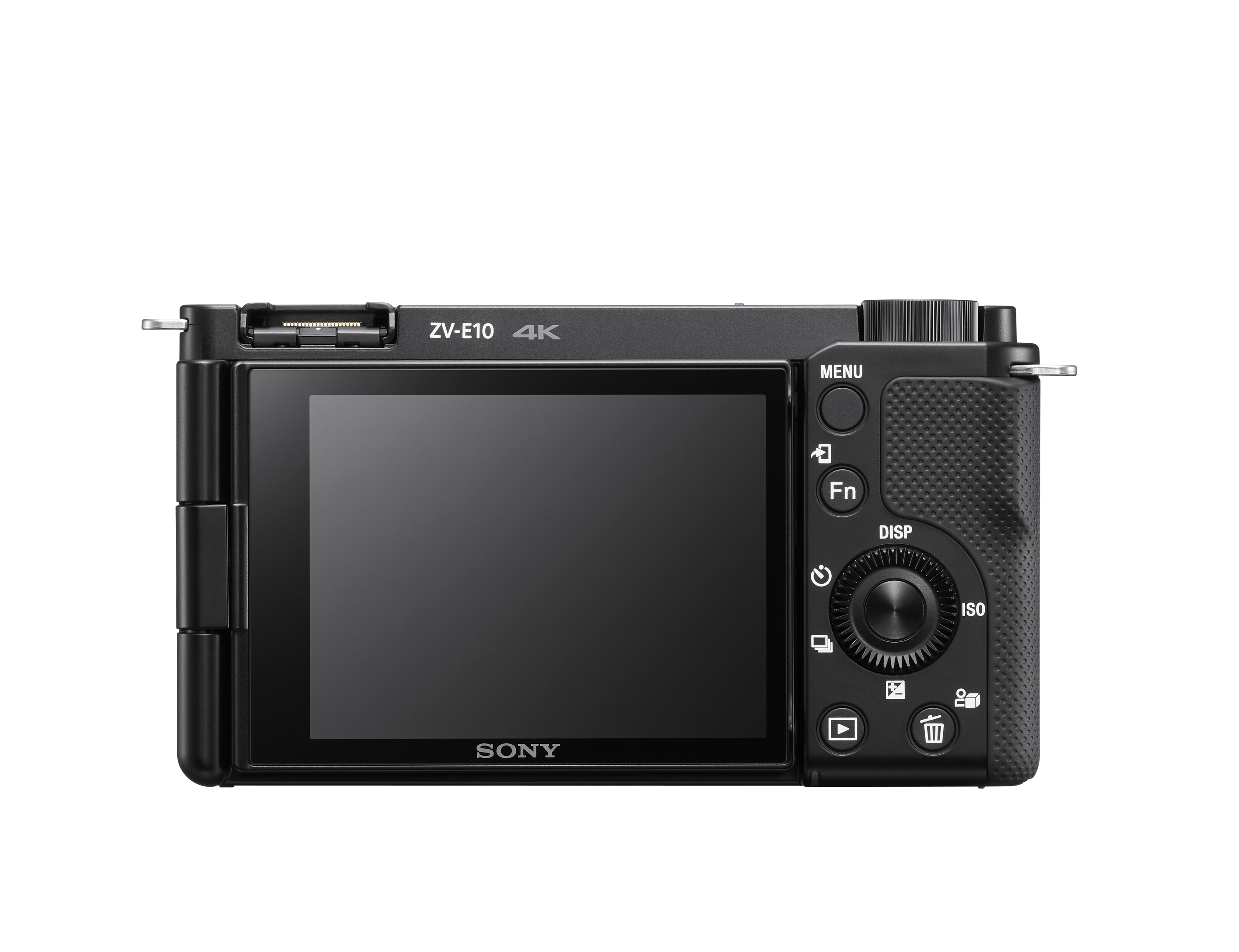Vue arrière de la caméra noire Sony ZV-E10 4K, avec écran, boutons et molettes. Inclut menu, fn, disp, iso et autres icônes.