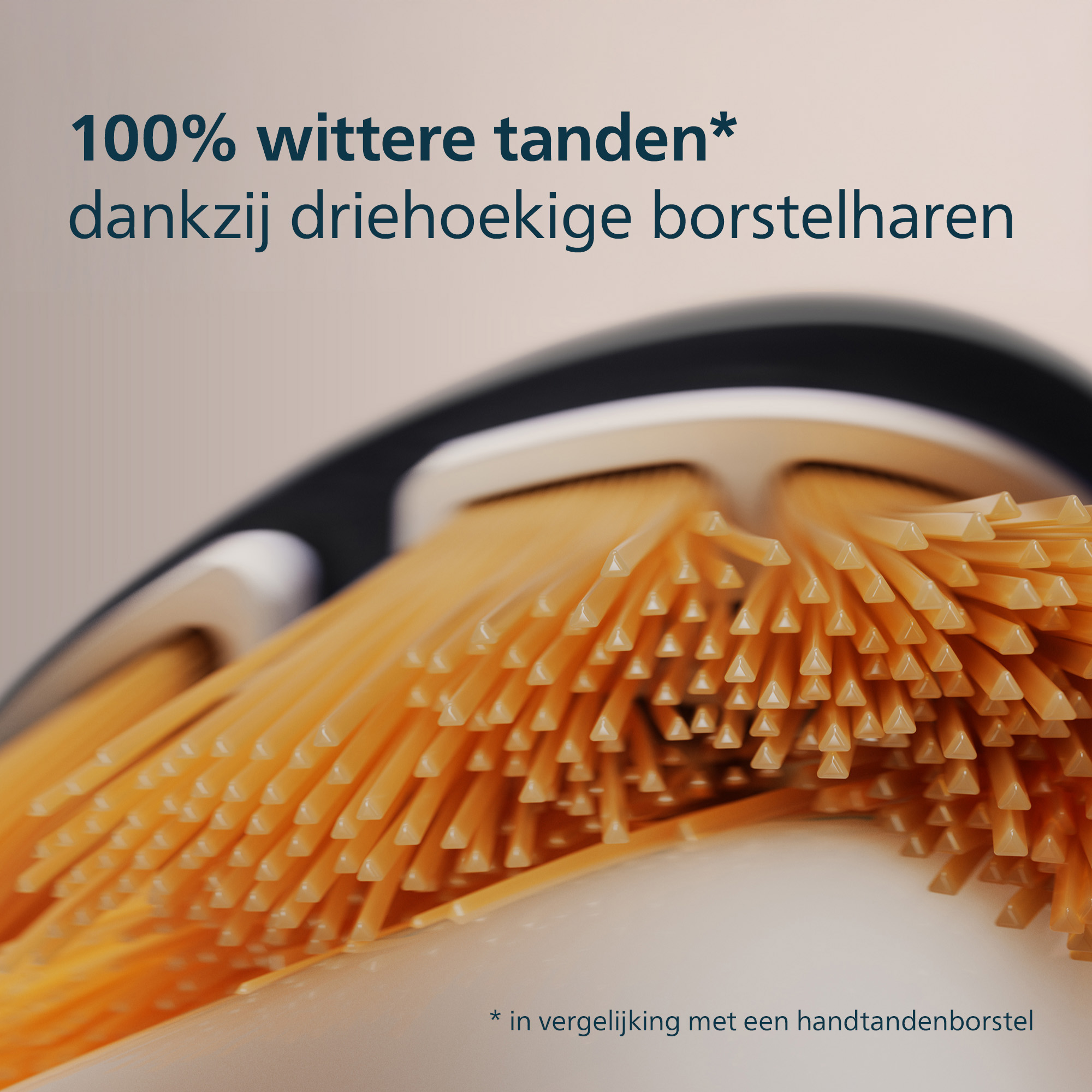 Close-up of toothbrush bristles, text says '100% whiter teeth' and a comparison with a toothbrush.