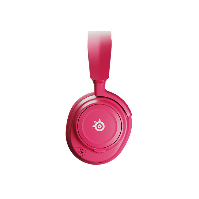 Beyaz zemin üzerinde pembe SteelSeries kulaklık. Kulaklık, kulaklık başlıklarını ve kafa bandını gösteriyor.