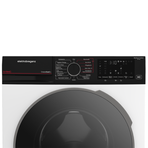 Nahaufnahme des Bedienfelds einer Waschmaschine. Es hat ein schwarzes Display mit Knöpfen, einem Drehknopf und einer Digitalanzeige.