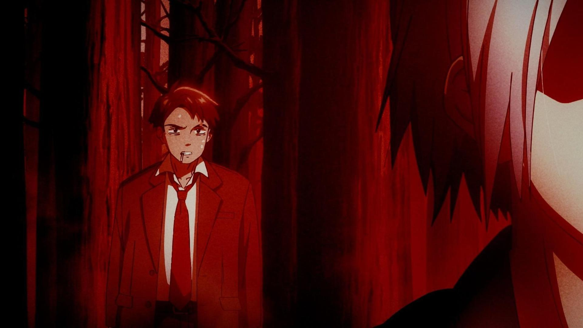 Anime-Szene. Ein Mann im Anzug mit Blut im Gesicht steht in einem rot getönten Wald, eine andere Figur ist rechts.